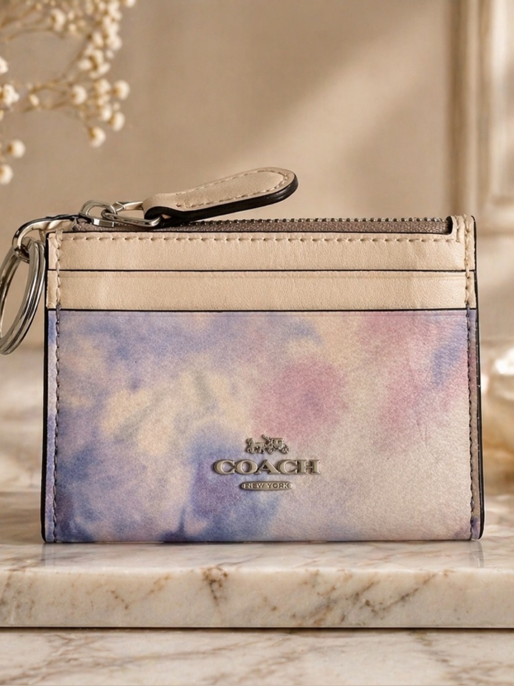 Coach Tie Dye Watercolor Mini Skinny ID Case Blue Purple Canvas Wallet